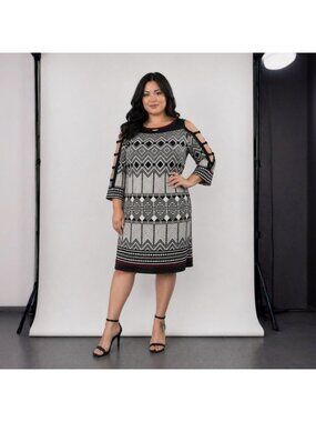 Studio One New York Women’s Geometric Sheath Dress 14 Cold Shoulder Career Mod